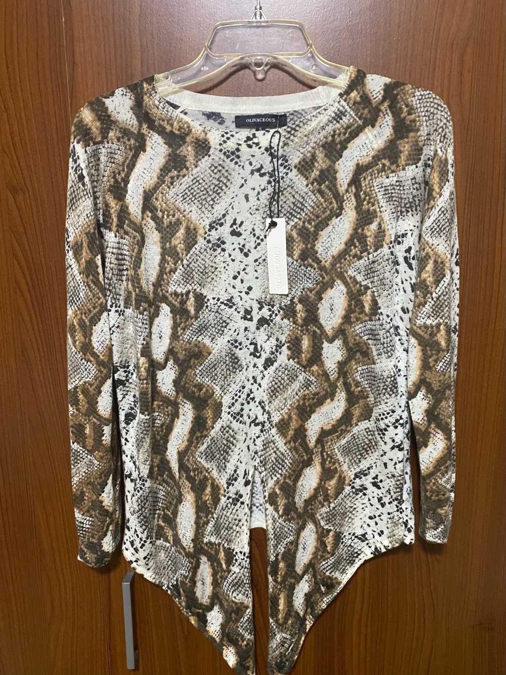 Olivaceous snake print modern office casual soft top with tie-front Size Small